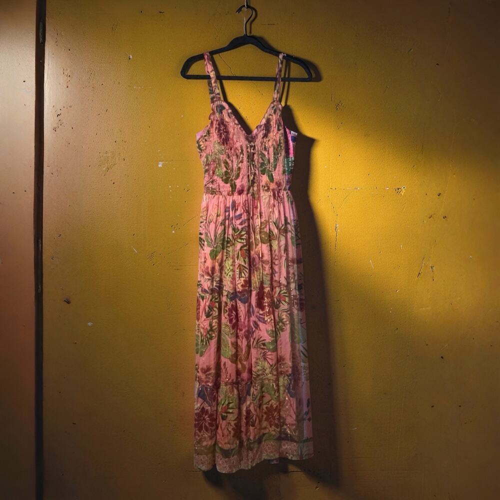One 2 Magic Pink Tropical Floral Maxi Dress Smocked Corset Boho Size M - Picture 3 of 10